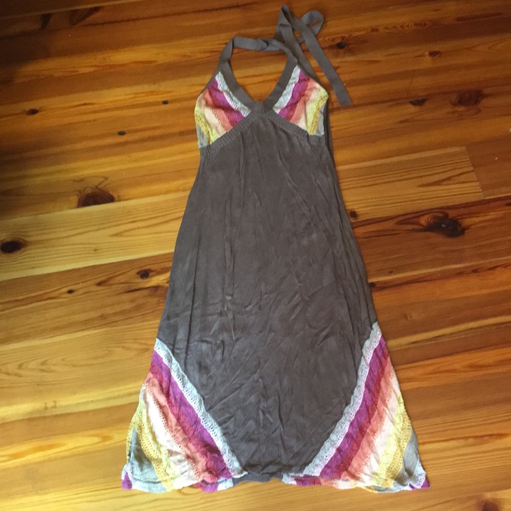 DKNY brown Halter Maxi Dress with Pink, Yellow & Purple Accents